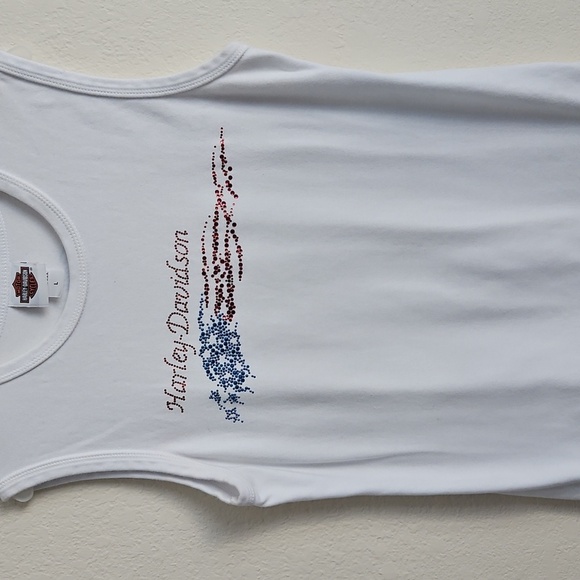 Harley-Davidson Motorcyle Sparkle white tank Top flag Americana USA sparkly L - Picture 9 of 9